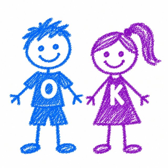 Drawing of a boy and a girl with the initials O and K