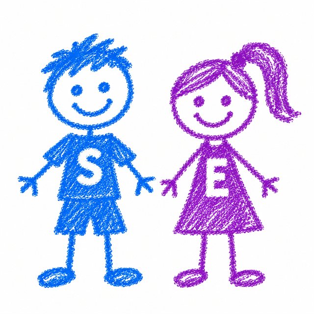 Drawing of a boy and a girl with the initials S and E